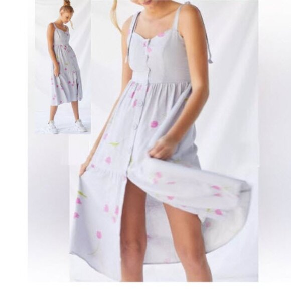 Urban Outfitters Linen Dress Midi Floral Print Dress Size Medium - Picture 1 of 16